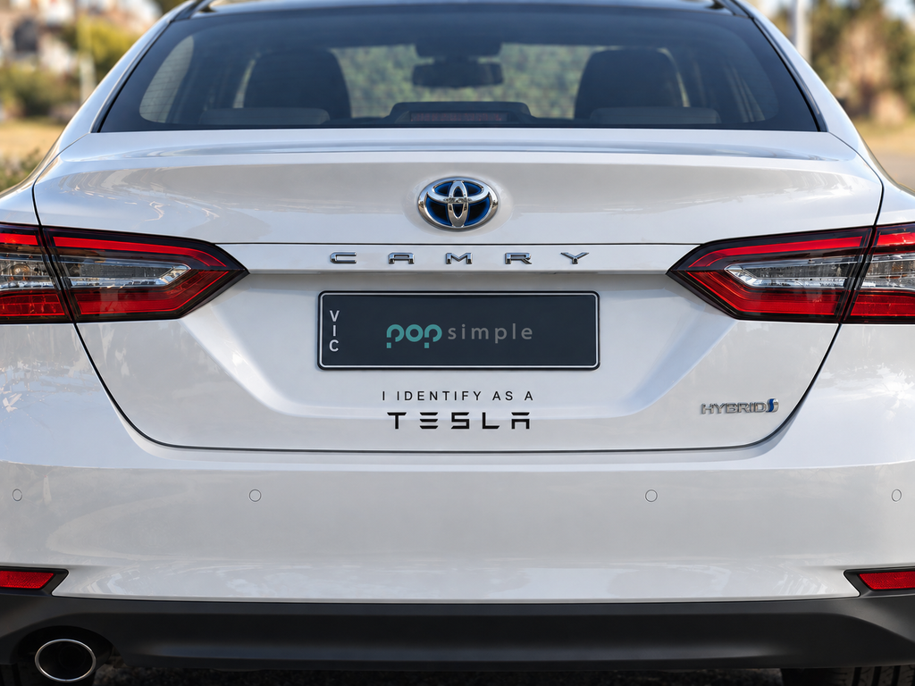Pop Simple I Identify as a Tesla decal on current-model Toyota Camry — contextual view