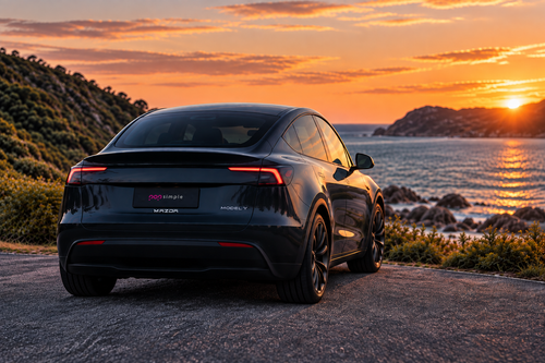 Family Pack - Pick any 3 — MAZDA in Tesla lettering on Model Y at coastal sunset